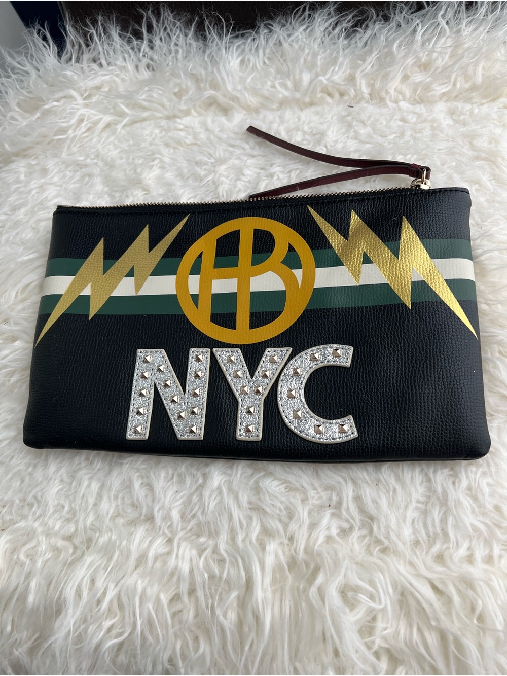 henri bendel Black NYC Crystal Zip Pouch with Gold and Green Accents